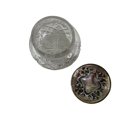 Vintage Cut Crystal Vanity Dresser Cosmetic Jar Sterling Silver Lid 3" x 4" - Picture 2 of 8